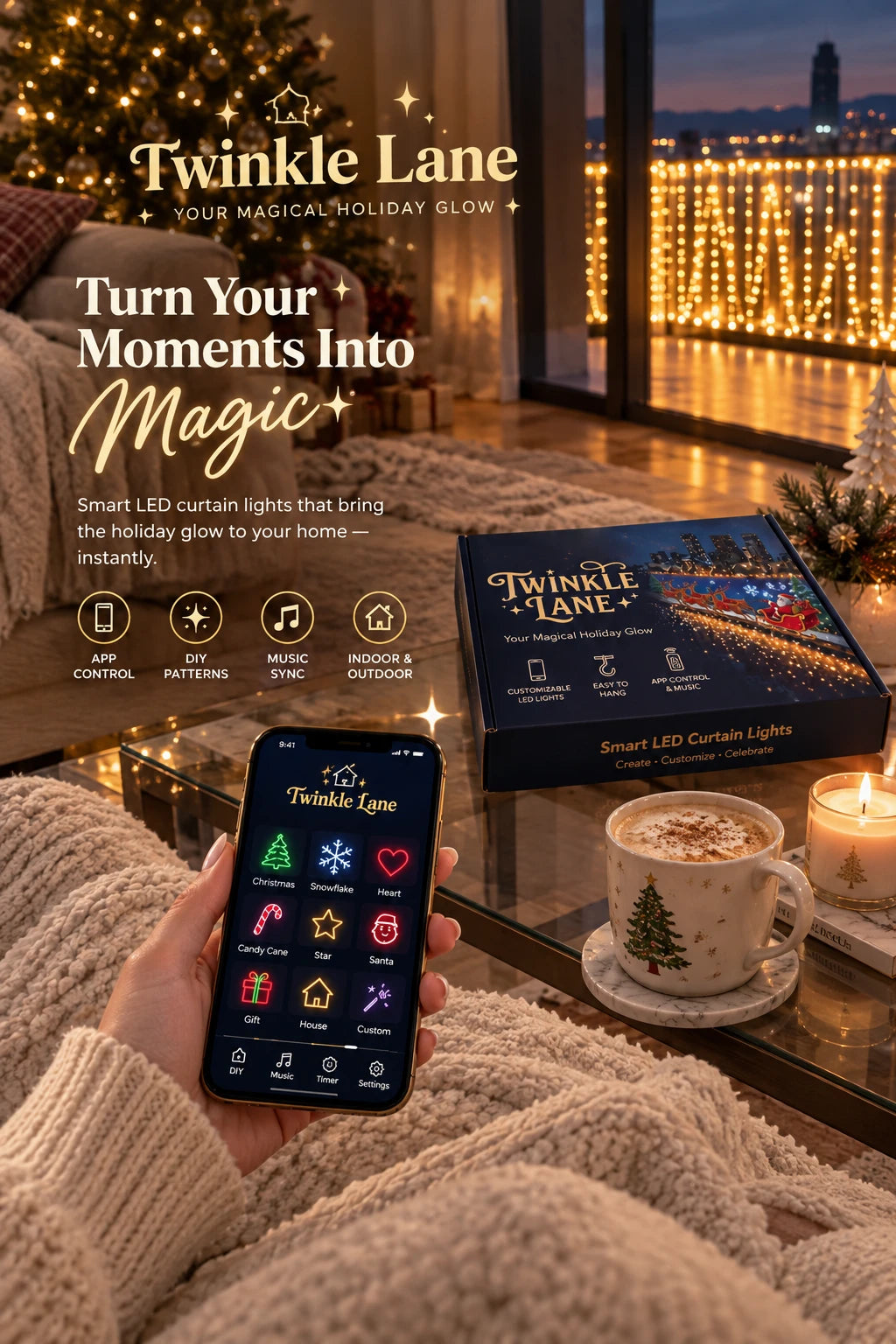 Holiday lights in a cosy living room